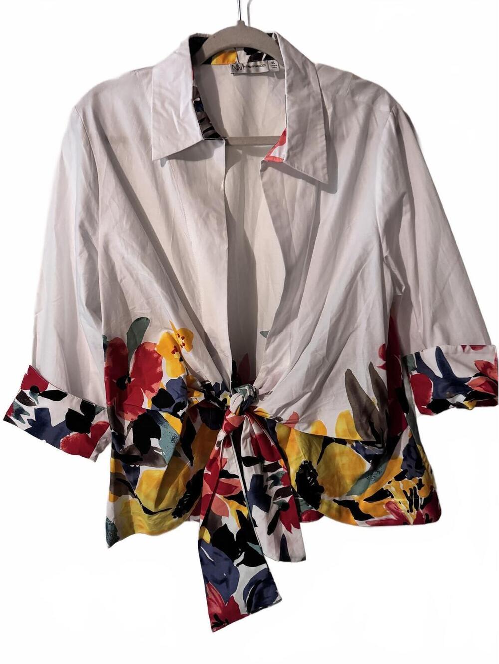 Neiman Marcus Tie-Front Blouse White/Floral size XL